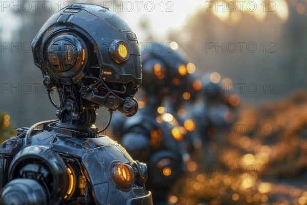 Close-up of a futuristic robot head at sunset with warm colour tones, cyborg, AI generated, AI generated