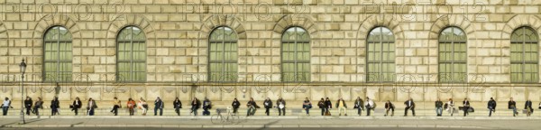 People sitting next to each other in a long row, Residence, Max-Joseph-Platz, people sitting in the sun in autumn, Munich, Bavaria, Germany, Europe