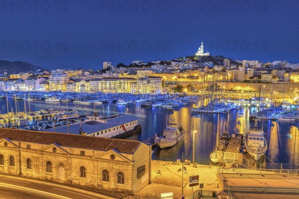 Marseille night city skyline at harbour, Marseille, France, Europe