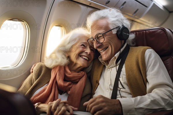 Elderly couple on board an aeroplane, senior citizens, they seem relaxed and cheerful, AI generated