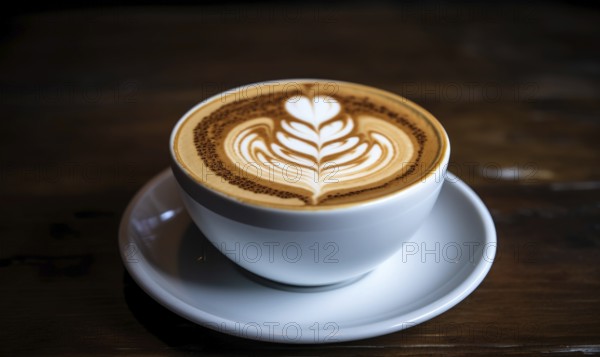 A ceramic cup of cappuccino with intricate latte art on a wooden table, evoking a cozy cafe atmosphere, Ai generated