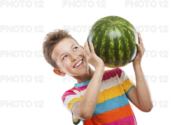 Handsome smiling child boy hand holding green ripe watermelon fruit food white isolated