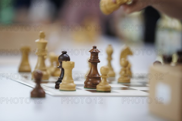Chess pieces in focus with blurred background on a game board