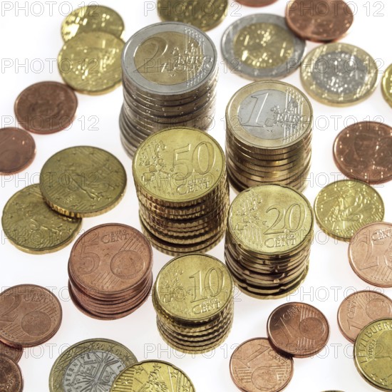 Piles of Euro Coins against White Background