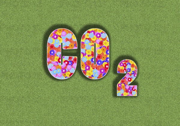 CO 2 carbon dioxide with flower design on green background, lettering, letters, illustration, graphic, flower pattern, flowers, colourful, colourful, climate, climate neutral, symbol, concept
