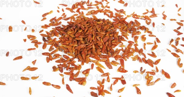 Cayenne Chili Pepper (capsicum frutescens), spice falling against White Background