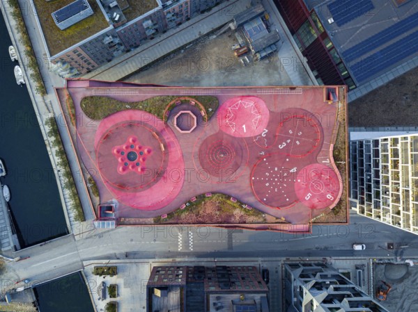 Copenhagen, Denmark, April 07, 2020: Aerial drone view of Konditaget Luders, a recreational space on top of a multi-storey car park, Europe