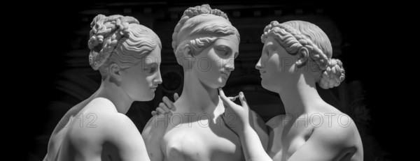 Milan, Italy - June 2020: Bertel Thorvaldsen?s statue The Three Graces. Neoclassical sculpture, in marble, of the mythological three charites