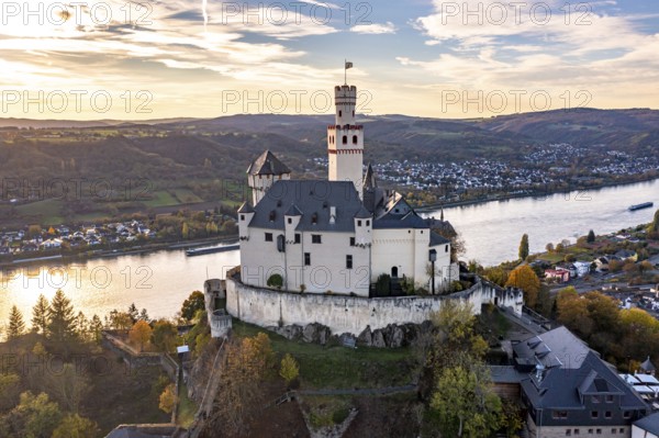 Aerial view of the Rhine Valley with the Marksburg Castle, Braubach, UNESCO World Heritage Site, Upper Middle Rhine Valley, Rhineland-Palatinate, Germany, Europe