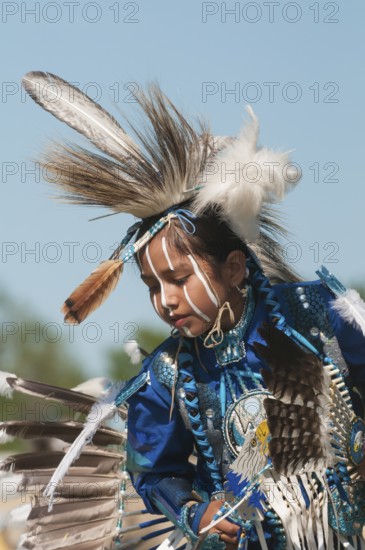 Young Boy Calling All Drums Pow-Wow, Chicken Dance, Rocky Mountain House National Historic Site, Alberta, Canada, North America