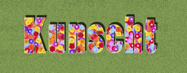 Illustration, lettering, word Kunscht in Swabian dialect, Baden-Württemberg, Swabia, with colourful, colourful flowers against a green background