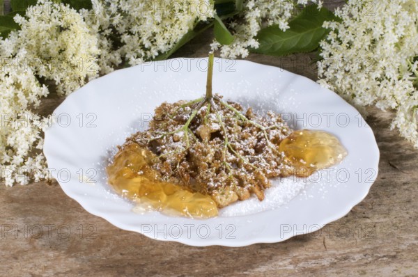 Elder (Sambucus nigra), baked flowers on plate