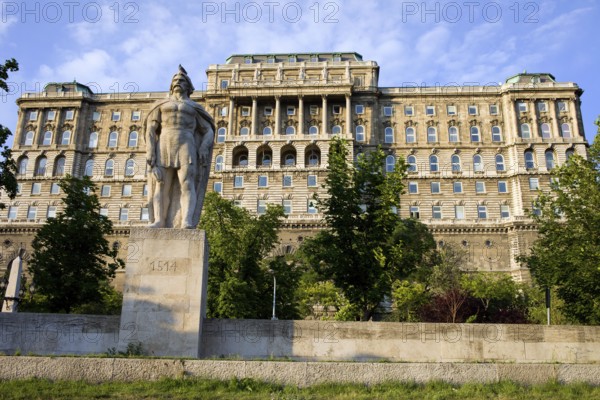 Buda Castle (Royal Palace) rear view, 18th century Baroque style facade and the Dozsa Statue in Budapest, Hungary, Europe
