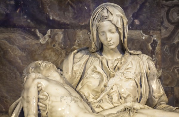 ROME, VATICAN STATE - August 28, 2018: Pietà di Michelangelo (The Pity), 1498-1499, located in St. Peter Basilica in Rome