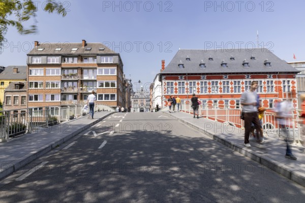 Bridge over the Sembre, next to it tourist office, Namur, Wallonia, Belgium, pedestrians, houses, blue sky, Europe