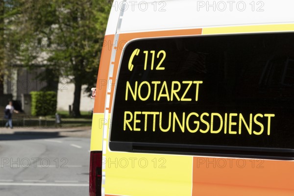 Symbolic image, emergency call 112, emergency doctor, rescue service, fire brigade, detail view, lettering on an ambulance, Germany, Europe