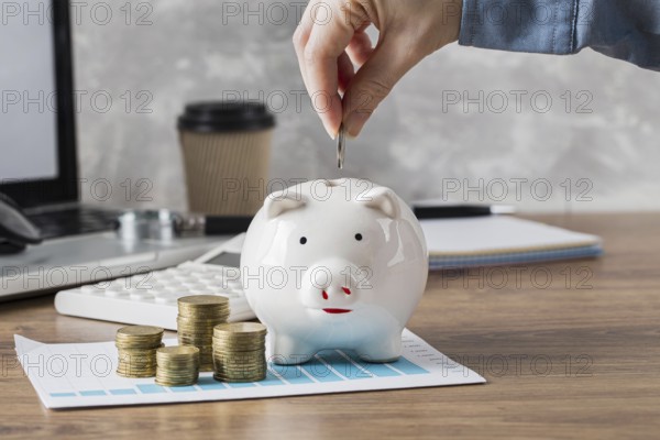 hand putting coin piggy bank growth chart. Resolution and high quality beautiful photo