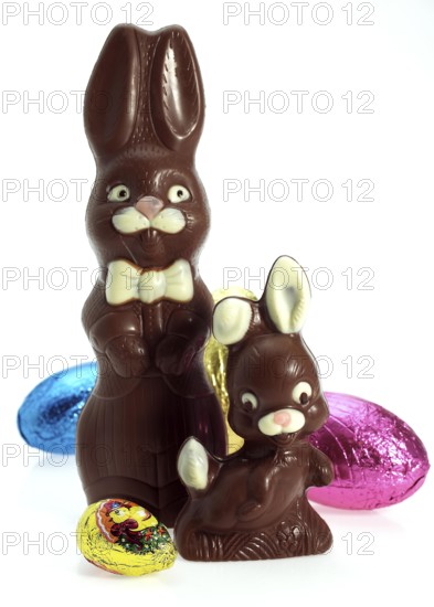 Easter Eggs and Chocolate Easter Rabbit against White Background