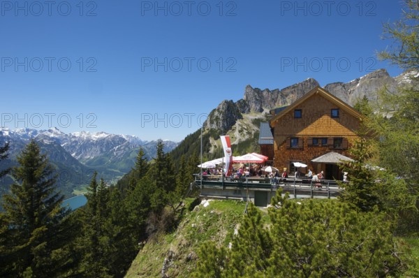 Erfurter Hütte in the Rofan Mountains with a view of Lake Achensee, Tyrol, Austria, Europe