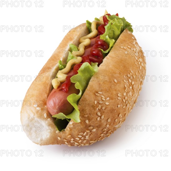 Hot dog with ketchup and mustard on white background