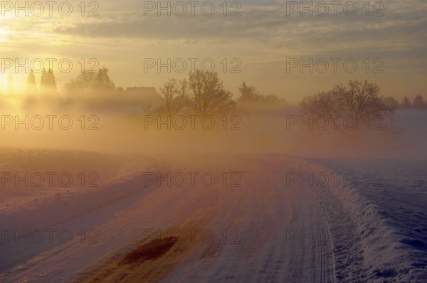 Sunrise with snow at Maulbronn, morning mood, fog with snow, dirt road with snow, sun with rays, snow, landscape