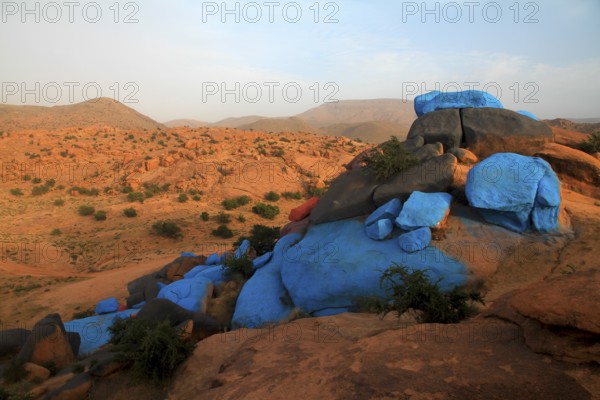 Parts of the Painted Rocks artwork near Tafraoute in Antiatlas Morocco