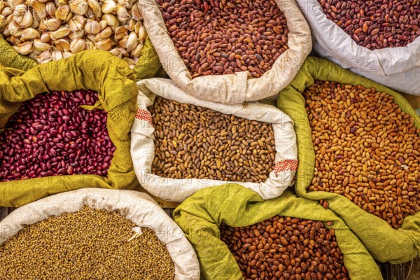 Variety of beans and spices at an organic local market