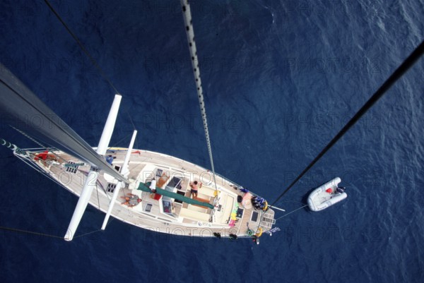Sailing yacht, view down from mast, Maldives, Asia