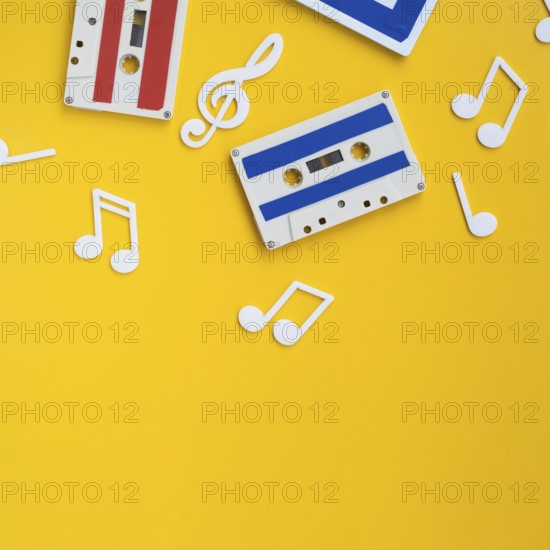Multicolored cassette tapes with copy space