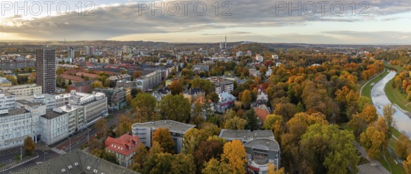 A panorama picture of the north side of Ostrava and the foliage in the fall at sunset