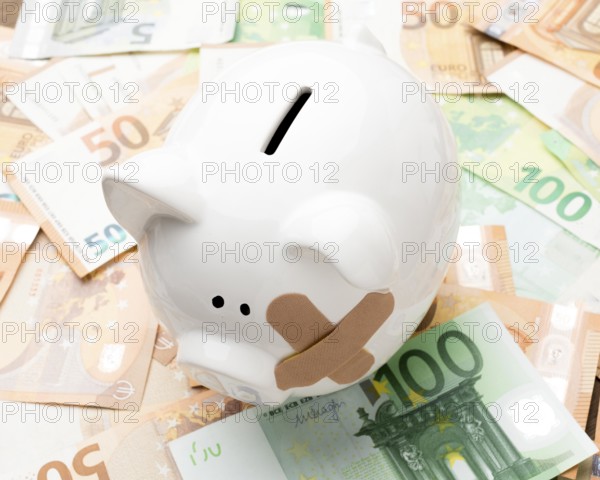 Broken piggy bank standing money