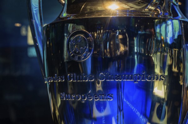 A close-up picture of the Champions League trophy on display inside the FC Porto Museum