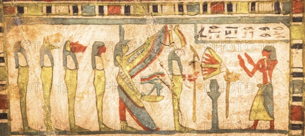 TURIN, ITALY - CIRCA MAY 2021: Egyptian archaeology. Ancient hieroglyphyc, ca. 580 BC, with Isis and the four sons of Horus
