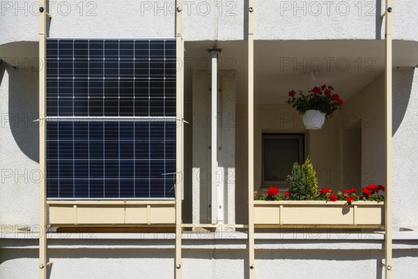 Solar panel on a balcony in Düsseldorf, North Rhine-Westphalia, Germany, Europe