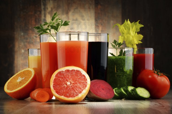 Glasses with fresh organic vegetable and fruit juices. Detox diet