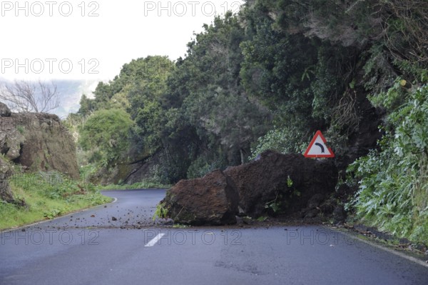 Landslide on road, El Hierro, Canary Islands, Spain, Europe