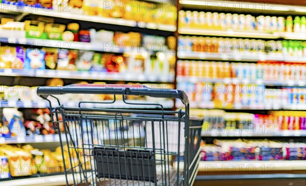 A shopping cart by a store shelf in a supermarket