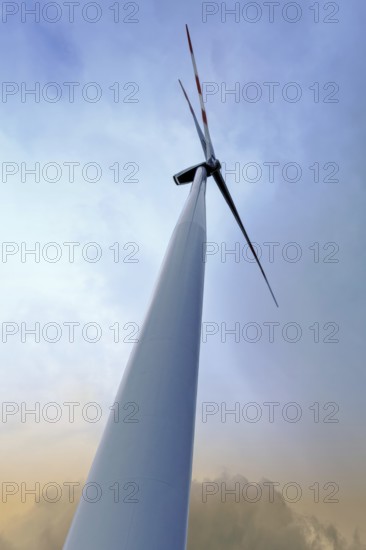 Wind turbine, frog perspective, application, wind, close-up, regenerative energy, rotating, fair weather electricity, power generation, power production, power supply, clouds