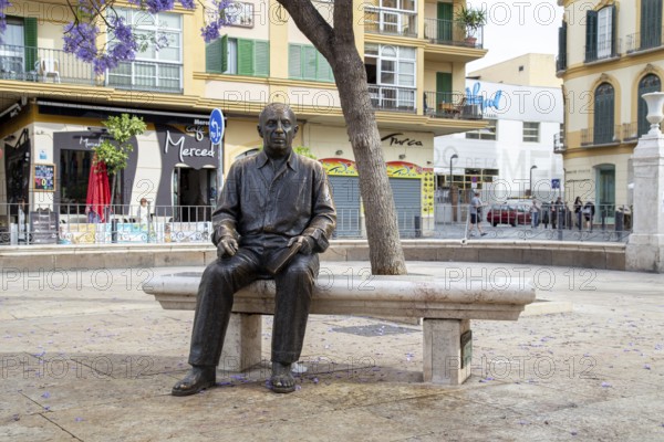 Malaga, Spain, May 24, 2019: Bronze statue of famous painter and sculptor Pablo Picasso. It was made by Francisco Lopez Hernandez and was inaugurated in 2008, Europe