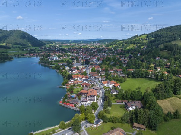 Aerial view, the island of Wörth im Schliersee, Schliersee, Upper Bavaria, Bavaria, Germany, Europe
