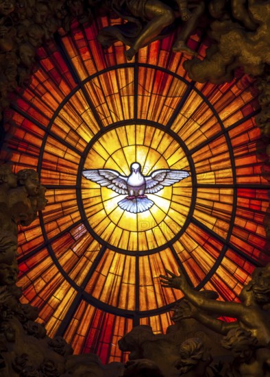ROME, ITALY - AUGUST 24, 2018: Throne Bernini Holy Spirit Dove Saint Peters Basilica Vatican Rome Italy. Bernini created Saint Peters Throne with Holy Spirit Dove Stained Glass Amber in 1600s