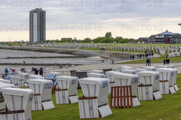 Beach chairs, green beach, high-rise building, Büsum, North Frisia, Schleswig-Holstein, Germany, Europe