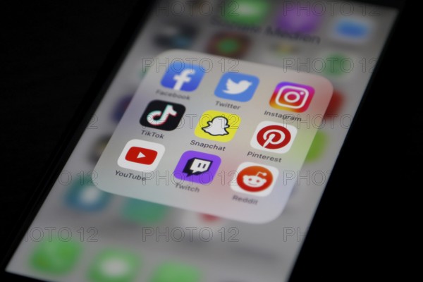 Social media icon, detailed view of a smartphone with social media apps, Facebook, Twitter, Instagram, Tik Tok, Snapchat, Pinterest, YouTube, Twitch, Reddit, Germany, Europe