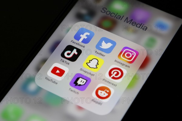 Social media icon, detailed view of a smartphone with social media apps, Facebook, Twitter, Instagram, Tik Tok, Snapchat, Pinterest, YouTube, Twitch, Reddit, Germany, Europe