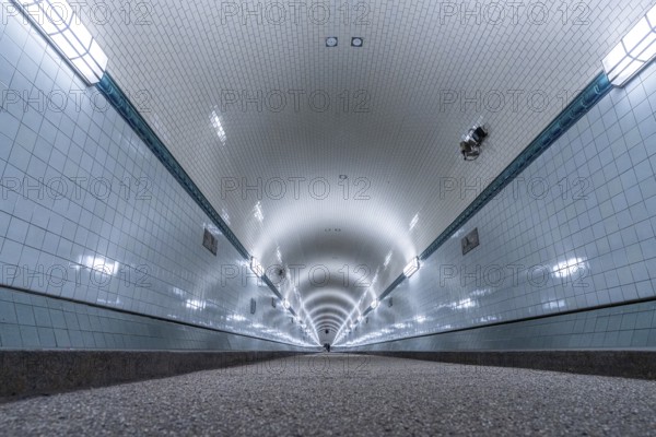 Old historic Elbtunnel, cold light, Landungsbrücken, harbour, Hamburg