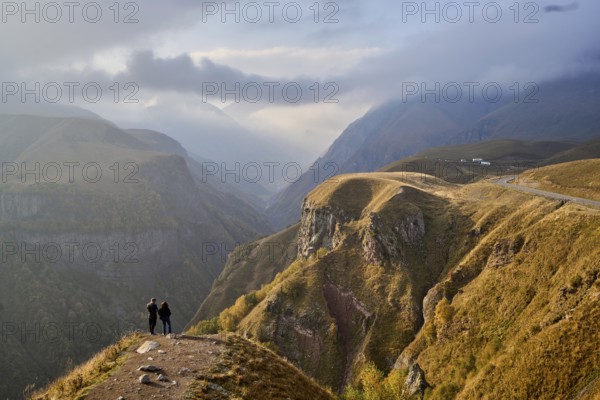 View into the Devil's Gorge, from the Monument of Georgian-Russian Friendship to the Treaty of Georgiyevsk, Georgian Army Road, between Gudauri and the Cross Pass, Mtskheta-Mtianeti, Greater Caucasus, Georgia, Asia