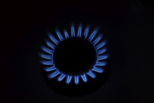 Blue gas flame on a hob, gas cooker, close up