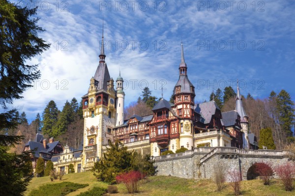 Peles castle landscape autumn view in Sinaia, Transylvania, Romania, Europe