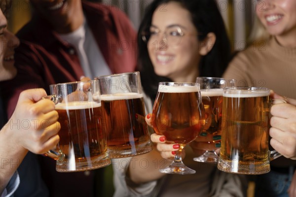Close up smiley friends with beer mugs