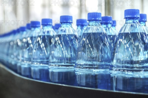 Closeup on mineral water green bottles in raw and lines
